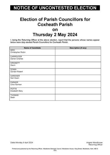  - Notice of Uncontested Election Coxheath Parish Council