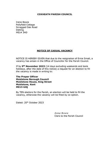  - NOTICE OF VACANCY IN OFFICE OF COUNCILLOR