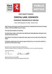 Emergency Road Closure - Forstal Lane, Coxheath - 5th June 2025